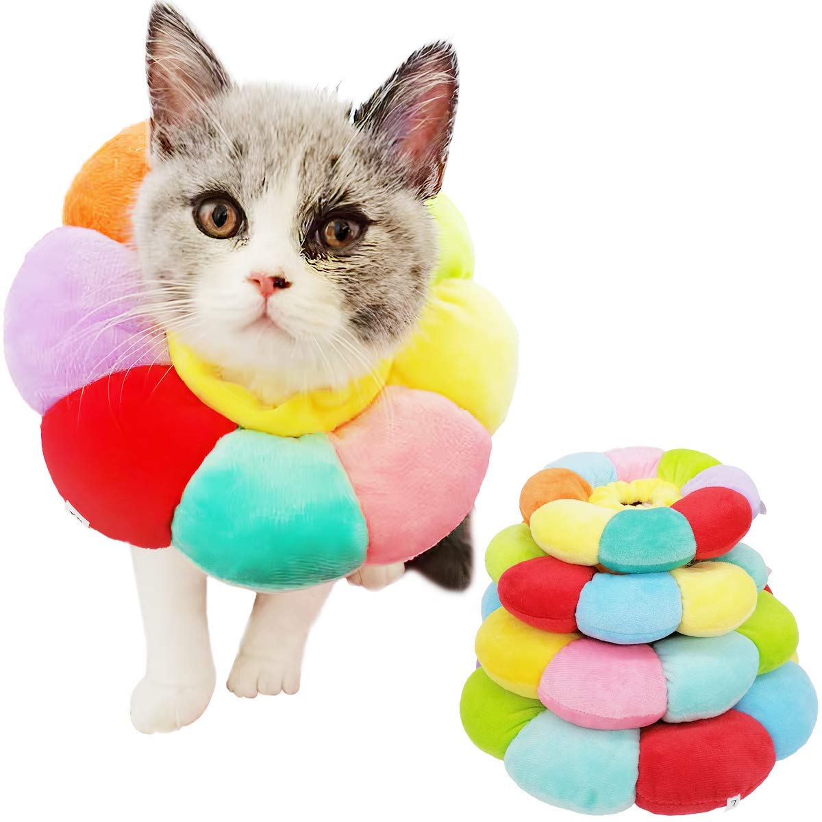 Photo 1 of KUDES Cat Small Dog Recovery Collar, Cute Neck Cone After Surgery, Adjustable Pet E Collar, Wound Healing Protective Cone Surgery Recovery Elizabethan Collars for Small Pet (L(Within 14lb), Colorful)