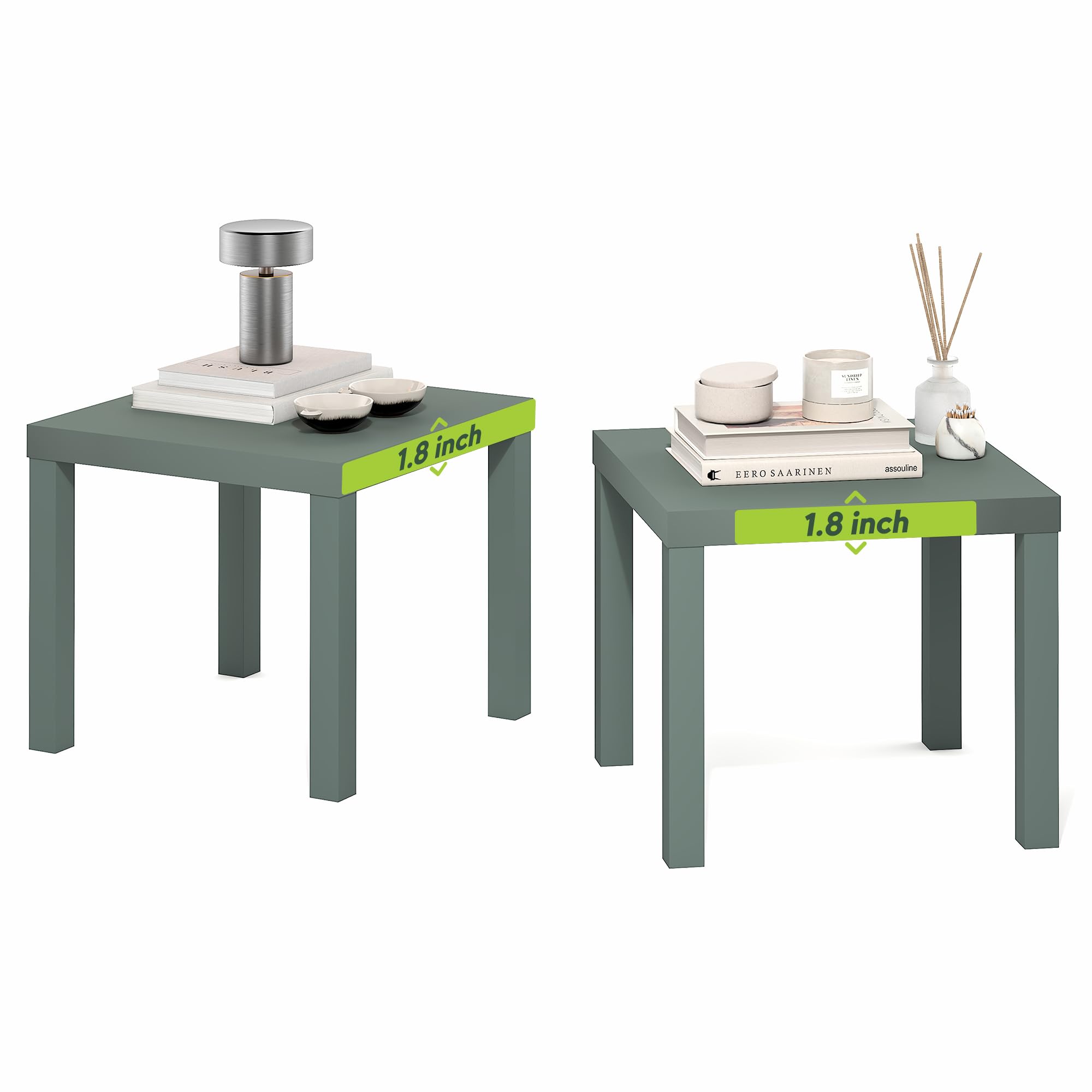 Furinno Classic Side Table Set of 2, Square Modern End Table with 1.8" Triple Thick Tabletop, Simple Night Stand, Bedside Table, Toolless Assembly, for Living Room, Bedroom, Sage Green