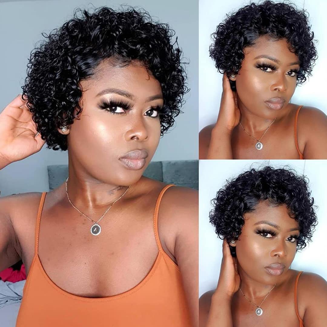 DaiMer Lace Pixie Cut Wigs Lace Front Short Curly Human Hair Wigs for Women Natural Hairline 130% Density Bob Wig 6 Inch 13x1 Free Part Transparent wigs Easy to Wear (Natural Black)