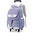 LANSHIYA Solid Color Rolling Backpack for Girls Boys Cute Elementary school bag with wheels,Blue Trolley Bags for Travel