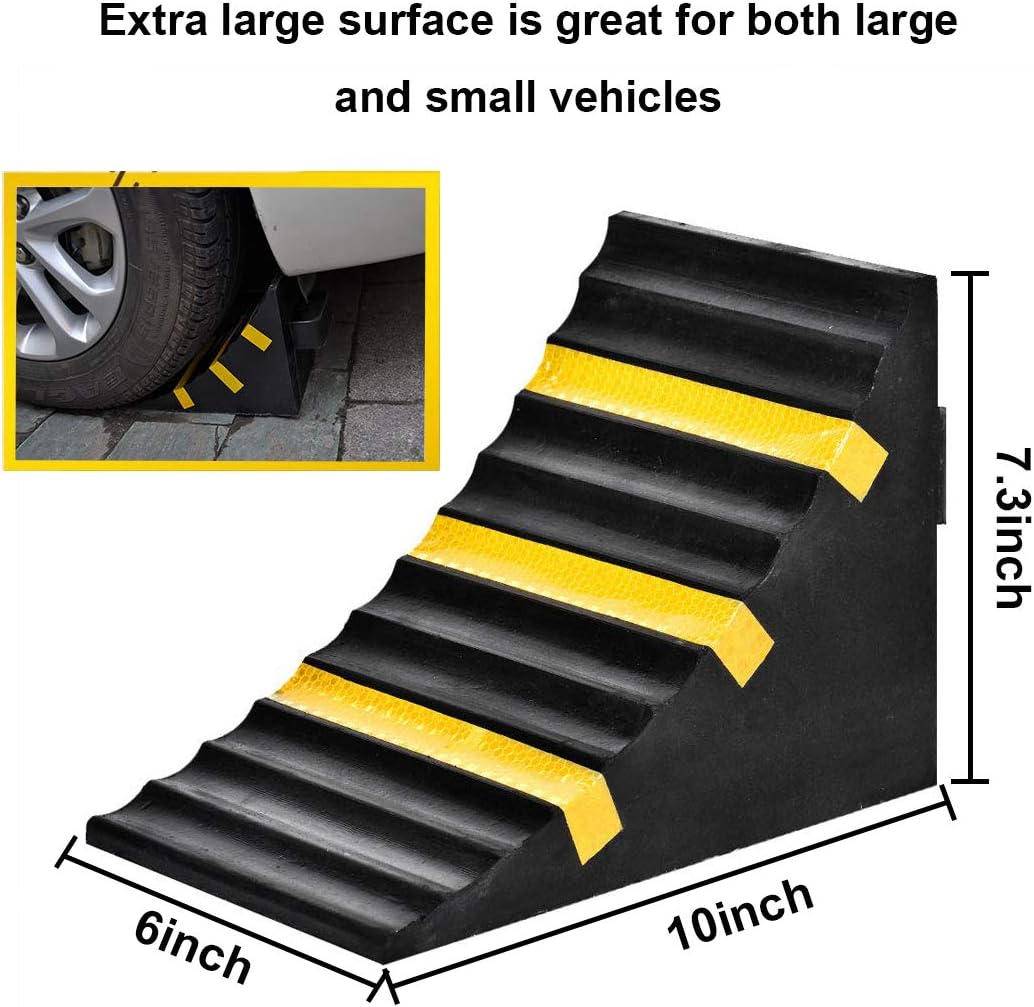 RELIANCER 2 Pack Wheel Chocks Heavy Duty Extra Large Industrial Rubber Wheel Chock Blocks w/Handle Reflective Strips for Travel Trailer Hauler Truck Fire Truck Commercial Vehicle RV 10" x 6" x 7.3": Automotive