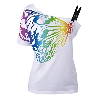 Damen Casual Neueste Sommer T-Shirt Frauen Schmetterlings Druck Schulterfrei One-Shoulder Shirt Blusen Kurzarm Tops Bluse Obe