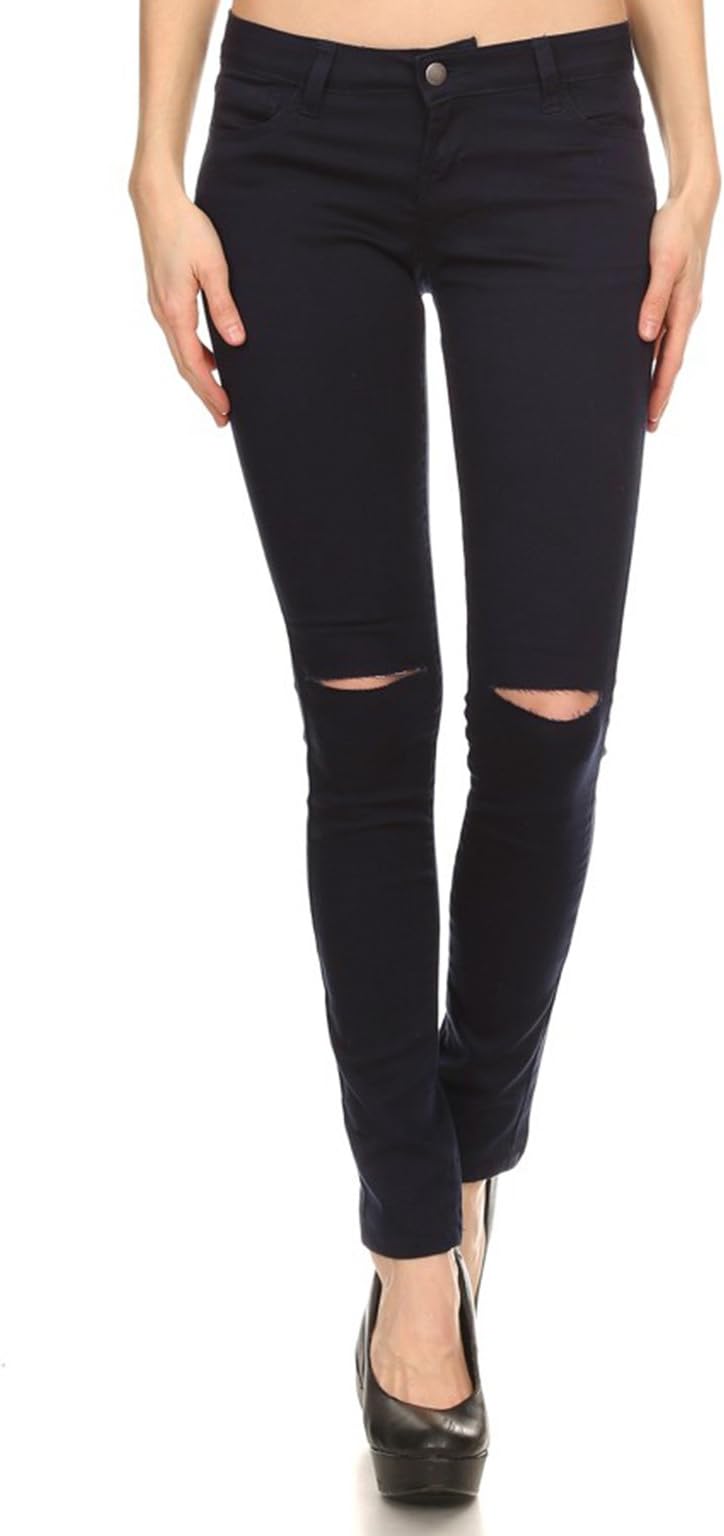 Vialumi Women's Solid Colored Pants Slashed Knee Skinny Jeans - Many Colors