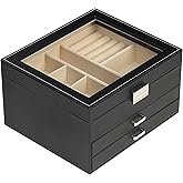 BOOVO Clear Lid Jewelry Box,3 Layers Jewelry Organizer Large Multi-Functional Jewelry Storage Box with 2 Drawers,Jewelry Display Case of Rings Earrings Necklace Bracelets for Women Girls (Black)