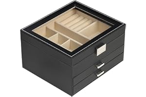 BOOVO Clear Lid Jewelry Box,3 Layers Jewelry Organizer Large Multi-Functional Jewelry Storage Box with 2 Drawers,Jewelry Display Case of Rings Earrings Necklace Bracelets for Women Girls (Black)