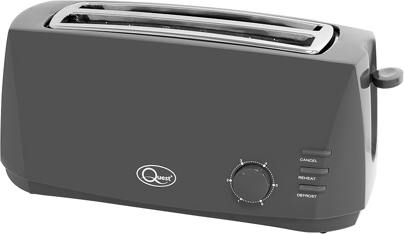 Quest 4 Slice Toaster Grey Extra Wide Long Slots 6 Settings Defrost Reheat