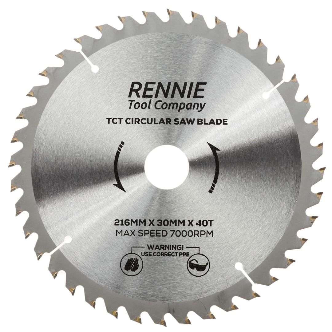 Rennie Tools - 216mm x 30mm x 40T TCT Circular Wood Saw Blade Includes 25mm 20mm & 16mm Bore Reduction Rings. Compatible with Festool Bosch Makita Dewalt Circular Saw,