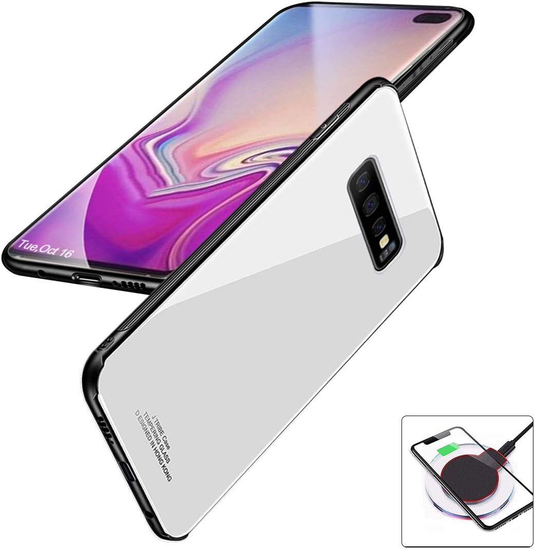 evershare Galaxy S10 Plus Case Tempered Glass Back Soft TPU Bumper Anti-Scratch Shockproof Drop Protection Pure Color Slim Fit Cover for Galaxy S10+, White