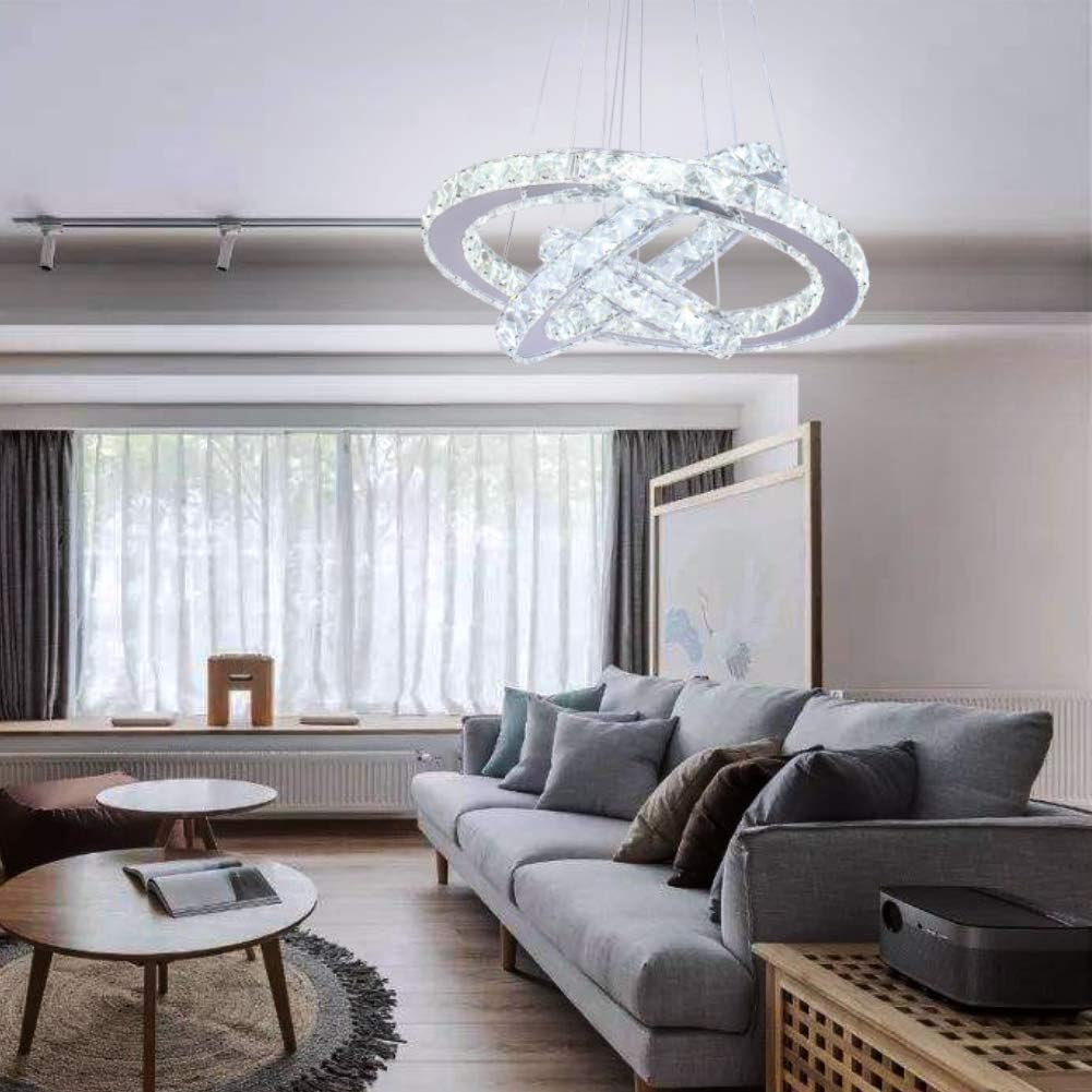 Dixun LED Modern Crystal Chandeliers 3 rings LED Ceiling Lighting Fixture Adjustable Stainless Steel Pendant Light for Bedroom Living Room Dining Room(White): Home & Kitchen