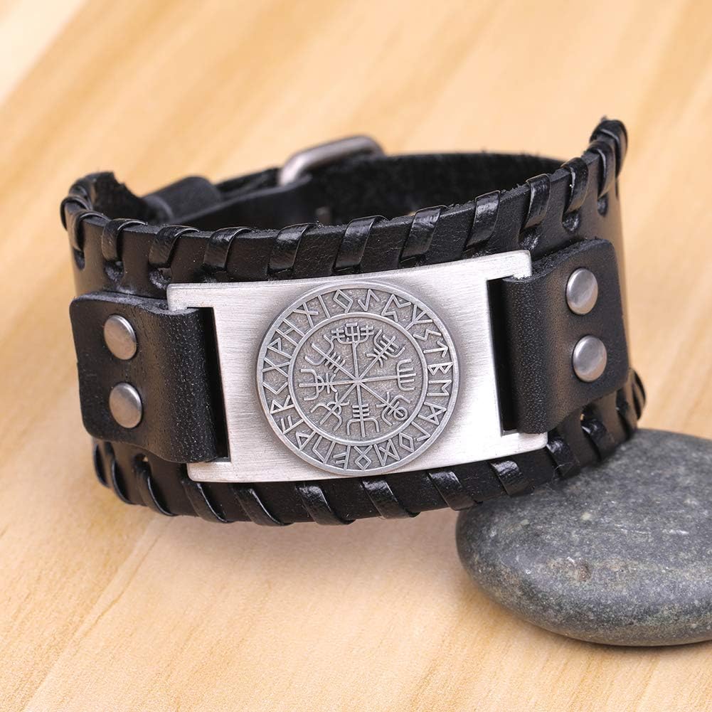 VASSAGO Vintage Nordic Viking Runes Wicca Vegvisir Compass Charm Cuff New-style Belt Buckle Bracelet (Black Leather, Antique Silver) - Image 3
