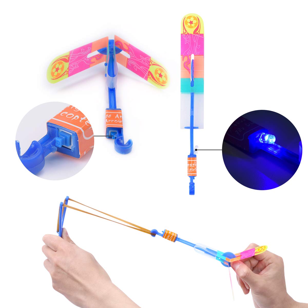 LEEHUR Toys for 6 Year Olds Boys 24pcs Light up Rocket Slingshot LED Rocket Copters Arrow Helicopter Glow in the Dark Party Supplies Birthday Class Prizes Easter Egg Fillers Basket Stuffers Goodie Bag