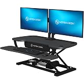 VERSADESK PowerPro 36 Inch Electric Standing Desk Converter &ndash; Push-Button Height Adjustable Sit to Stand Desk Riser for Dual Monitors &amp; Laptop &ndash; Motorized Desktop Workstation with Wide Keyboard Tray