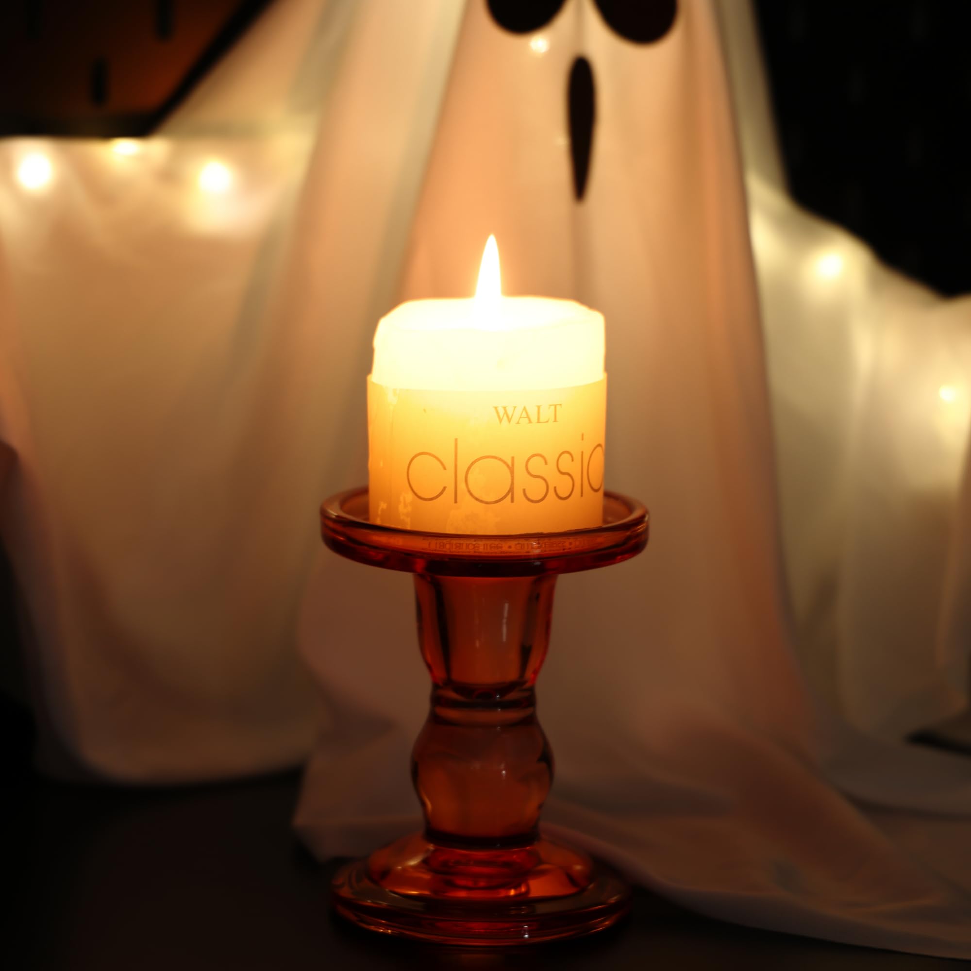 Orange Glass Candle Holder Set, QENUIITEA Set of 3 Clear Candlesticks Holders Pillar Taper Candles Tea Light Stand for Centerpieces Church Wedding Party Home Decor Dining Table