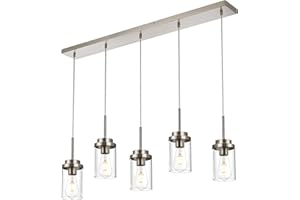 MELUCEE 5 Lights Kitchen Island Lighting Modern Linear Chandeliers for Dining Room, Industrial Brushed Nickel Pendant Light Fixtures Ceiling Hanging with Clear Glass Shade, 40.1 Inches Length