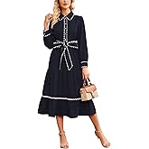 Women's Long Sleeve Midi Dress Casual V Neck Button Down RIC Rac Tiered Flowy Tie Waist Shirt Dress