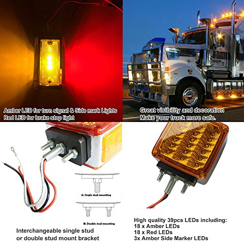 Amak 2X Amber + Red 39-LED Square Pedestal Stud Mount Fender Double Face Stop Turn Signal Tail Lights Lamps for Truck Trailer - Thumbnail 2
