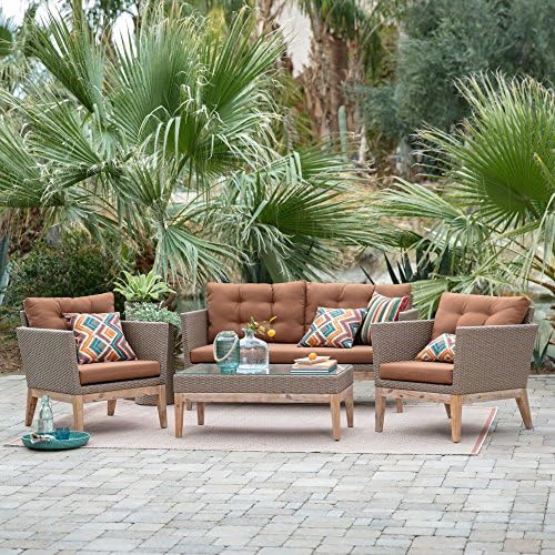 Brown Modern All Weather Wicker 4 Piece Conversation Set - Acacia/Flat Wicker | Perfect Contemporary Furniture to any Home Outdoor by the Veranda, Porch, Garden, Pool or Deck