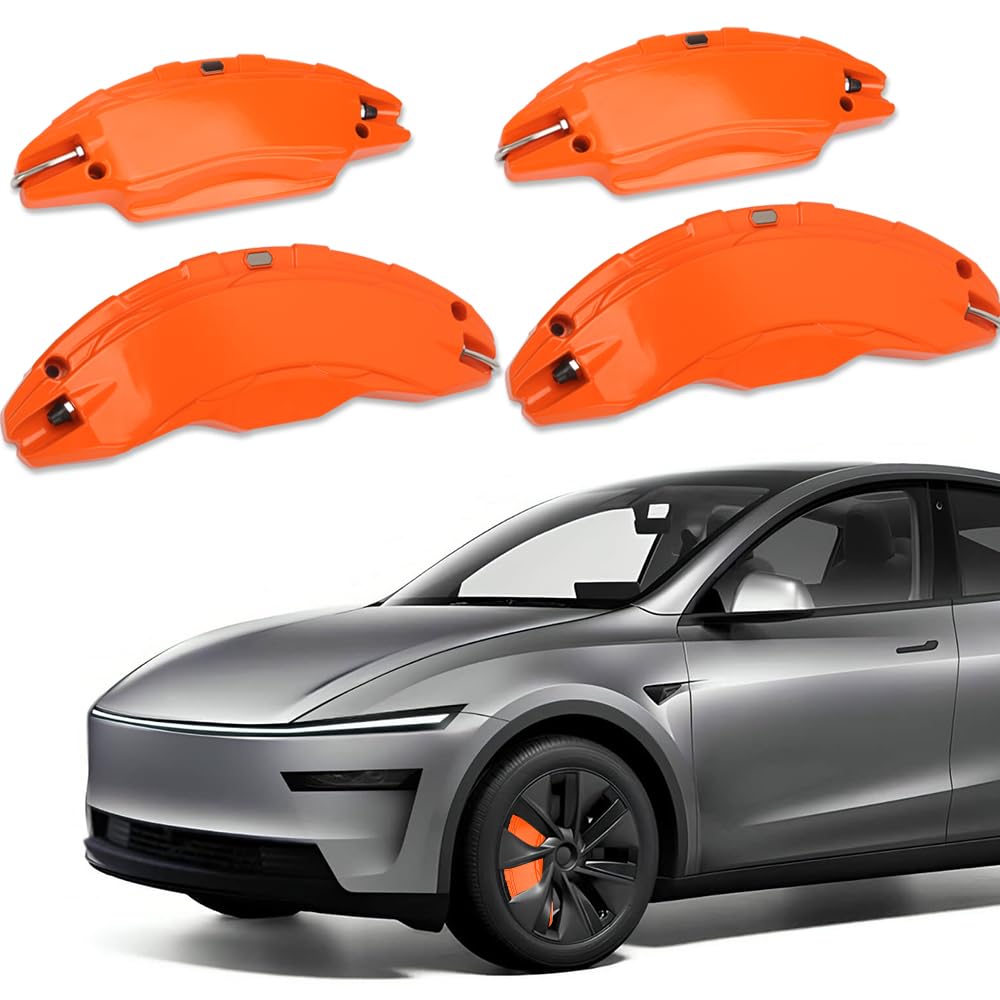 Photo 1 of Brake Caliper Covers Compatible with Tesla Model Y Juniper 2025-2026, 19 20 Inches Front and Rear Brake Wheel Hub Brake Caliper Covers 4 Pcs For Model Y Juniper Accessories Orange