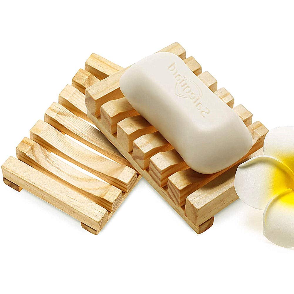 Wooden Soap Dish, Awesocrafts Soap Dishes for Bathroom Shower Soap Holder Tray for Kitchen Home Bath Accessories Hand Craft Wood Soap Case Box (Natural, 2 Pack)