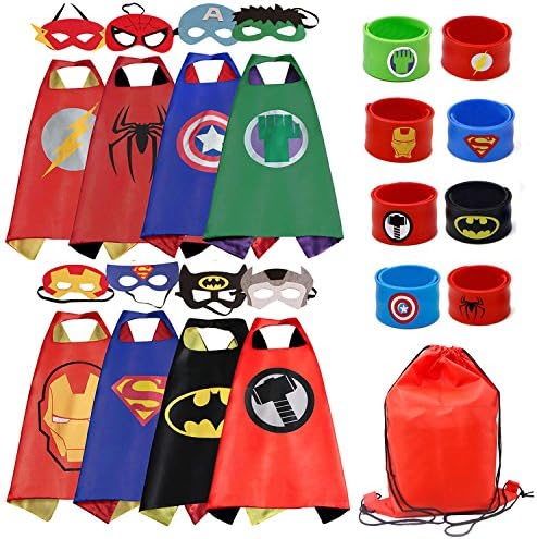 Dress up Costume Cape and Mask Set with Matching Shaped Rubber Wristbands and 1 Drawstring Bag for Kids, Birthday Party Children(8pcs for boy)