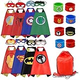 Dress up Costume Cape and Mask Set with Matching Shaped Rubber Wristbands and 1 Drawstring Bag for Kids, Birthday Party Children(8pcs for boy)