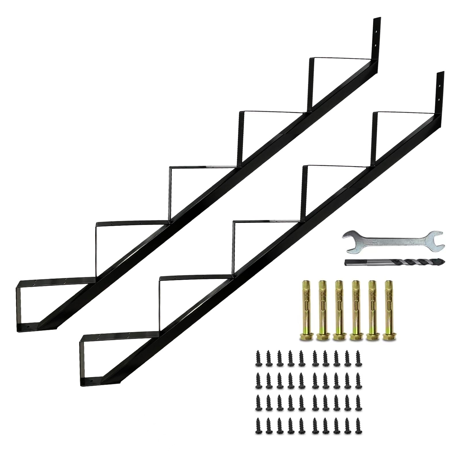 Photo 1 of 2 Packs Metal Stair Step Stringers, 5 Step Steel Riser Stringer for 42.4inch Height Deck(Polished Black)