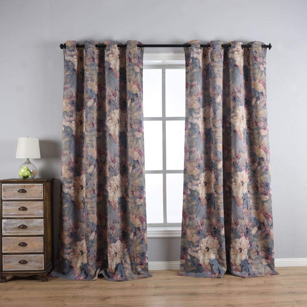 Taisier Home Vintage Floral with Gold Aqua Rose Pattern for Living Room/Nursery/Bedroom Room Darkening Window Curtains Printed(2 Panels, Grommet Style, W52 x L63)