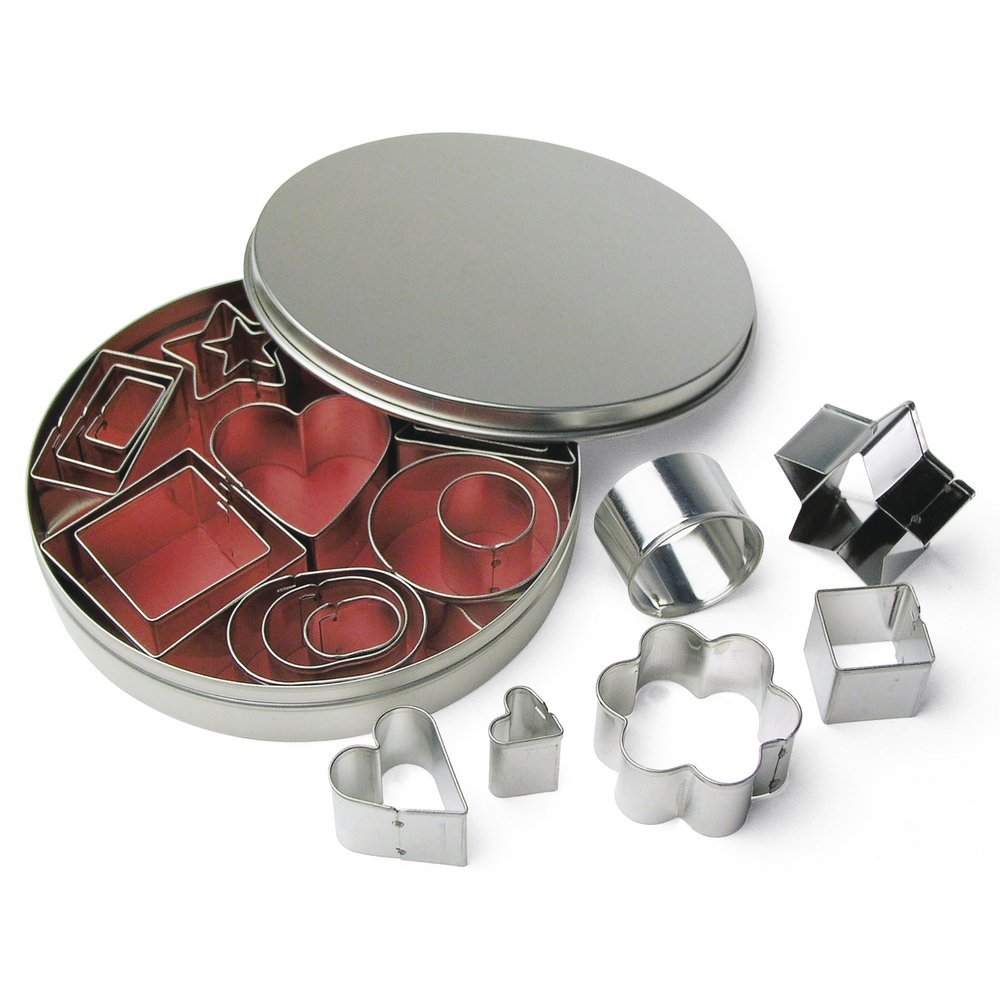 Rayher 24 Piece Metal Cookie Cutter Set, Assorted Cutters with Storage Tin, Geometric Shapes, Heart-Shaped, Flower-Shaped, and Star-Shaped Cutters, 2 – 4cm, 8619800