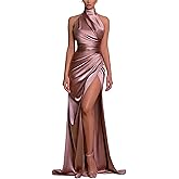Women’s Satin Mock Neck High Split Cocktail Maxi Dress Mermaid Hem Formal Party Evening Dress