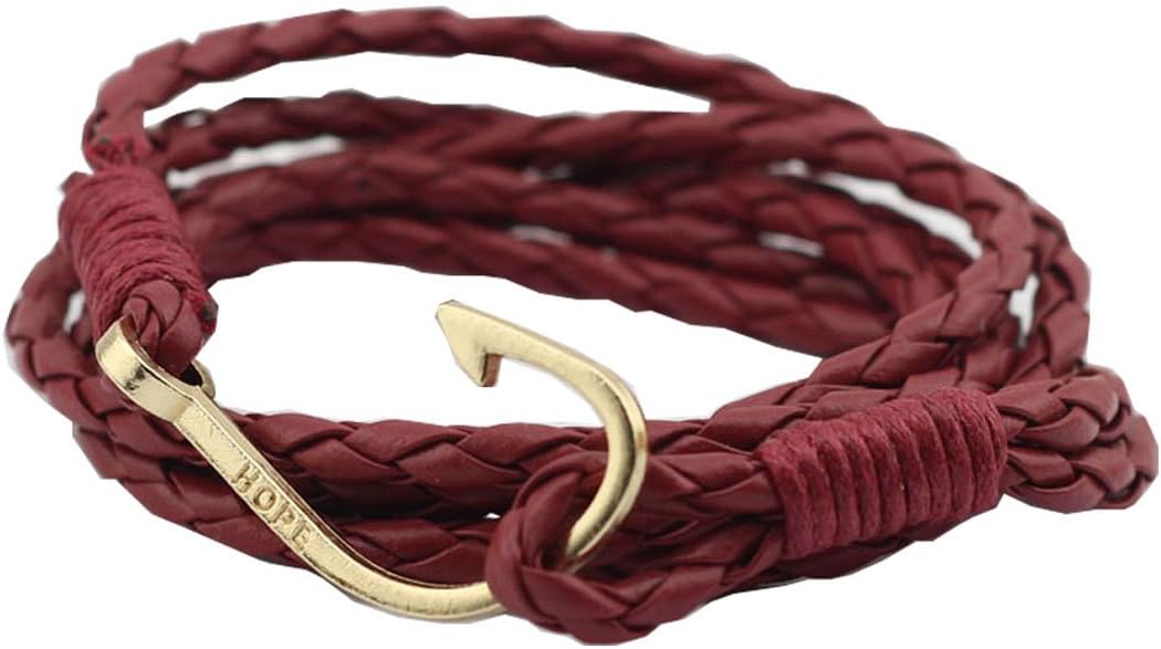 UNIONTOP Mens Womens PU Leather Bracelet Fishing Hook Hope Bracelet Personality Red