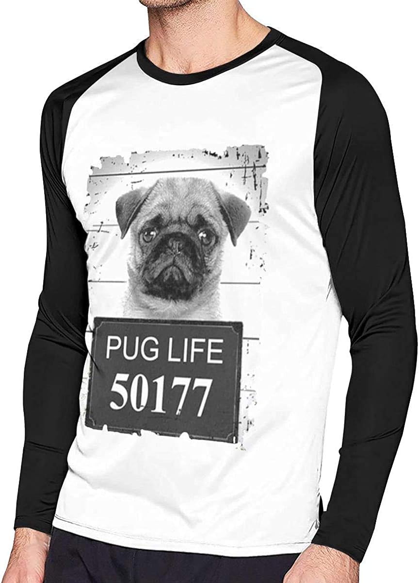 Men Tee Shirts Pug Life Dog Long Sleeve T Shirts Round Neck T-Shirt