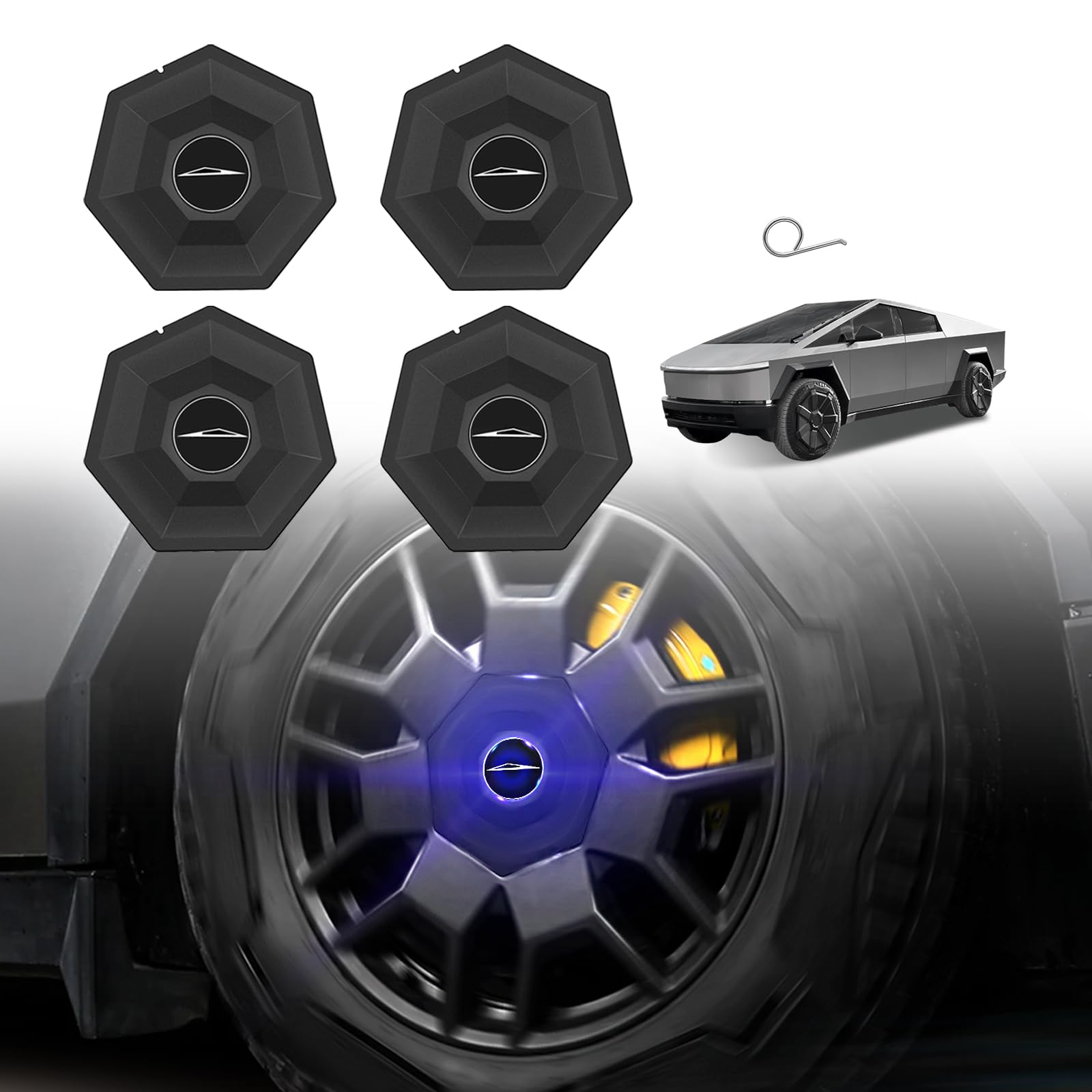 Photo 1 of BestEvMod 4PCS Floating Auto Light Full Coverage Wheel Center Hub Caps Cover Compatible with Tesla Cybertruck 2025 2024 Wheel Caps Removable Hub Center Fit All Terrain Tires ONLY (Floating)
