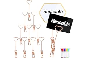AETJXIXEE 12Pcs Metal Double Sided Reuse Price Tag Holder Clips with 9 Color Chalk Markers and 24Pcs Erasable Tags for Cake Rack Price/Menu/Table Number/Bouquet Card/Picture/Sale Retail Display (Pink Gold)