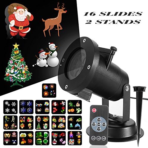 Christmas LED Projector Light, 16 Slides Show Projector with Remote Control Timer and Two Stands for Xmas, Party, Holiday Decoration