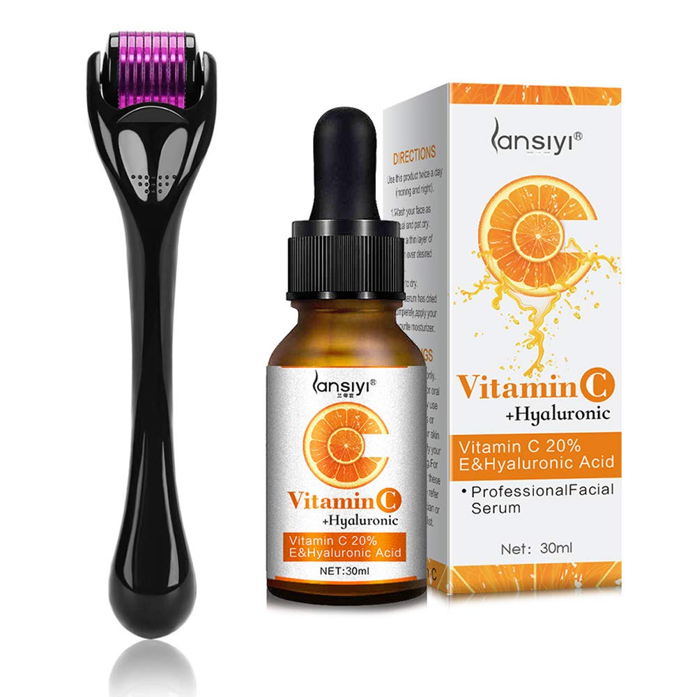 Derma Roller Microneedling Kit for Face 0.3mm and Vitamin C Serum with Hyaluronic Acid Facial Serum - 540 Titanium Microneedle Organic Vitamin C 20% Serum Micro Needles Acne Scar Anti Aging Wrinkles