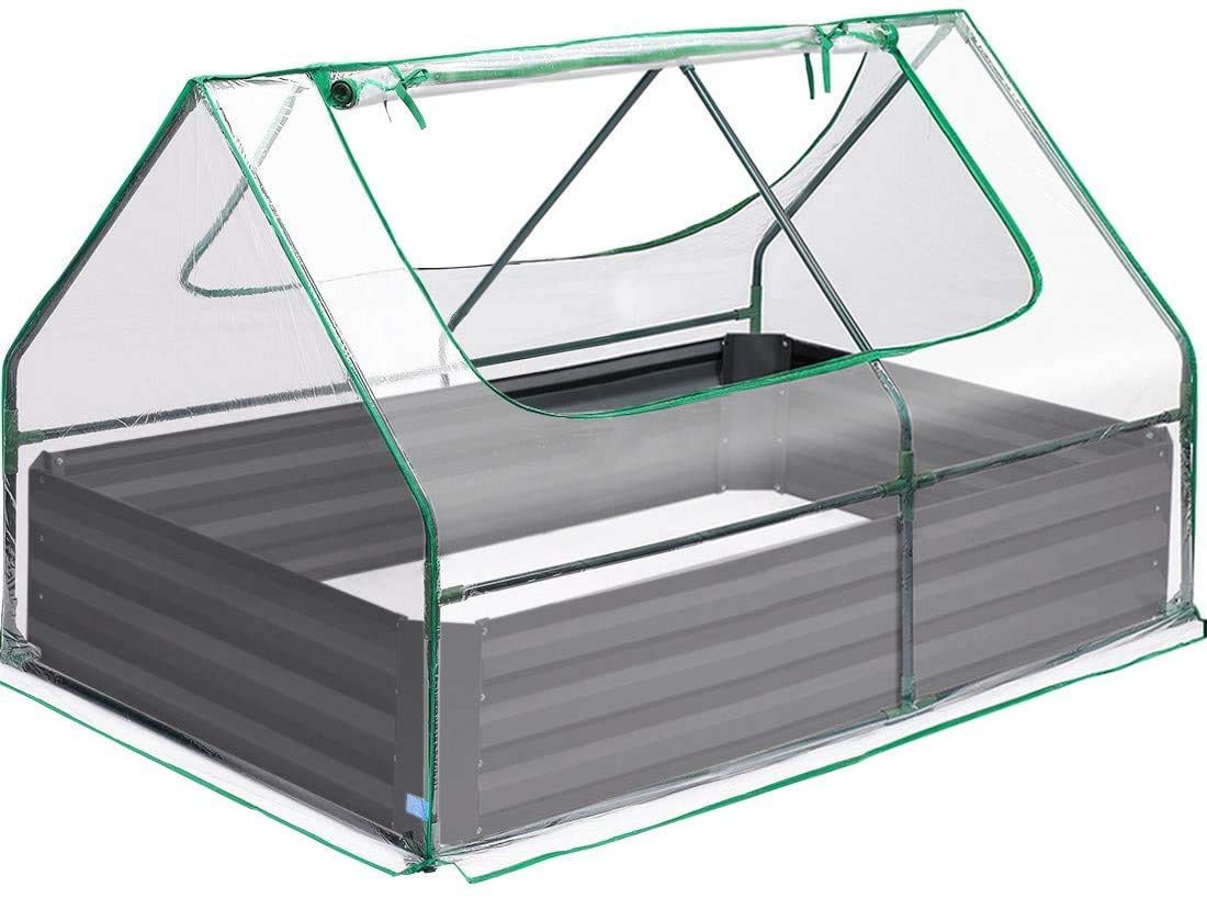 Quictent 4×3×1 Ft Extra-Thick Galvanized Steel Raised Garden Bed Planter Kit Box with Greenhouse 2 Large Zipper Windows Dual Use, 20pcs T-Types Tags &amp; 1 Pair of Gloves Included (Clear)