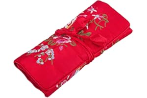 TUMBEELLUWA Embroidery Travel Jewelry Bag Roll Embroidered Flower and Bird Brocade Organizer with Tie Close, Red