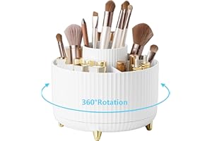 VACONICO Makeup Brush Organizer, Multi-angle Rotating Makeup Brush Holder, Multifunction Cosmetic Organizer for Bathroom Countertop, Bedroom Nightstand, Desktop, Large-Capacity Makeup Desk Organizer, White