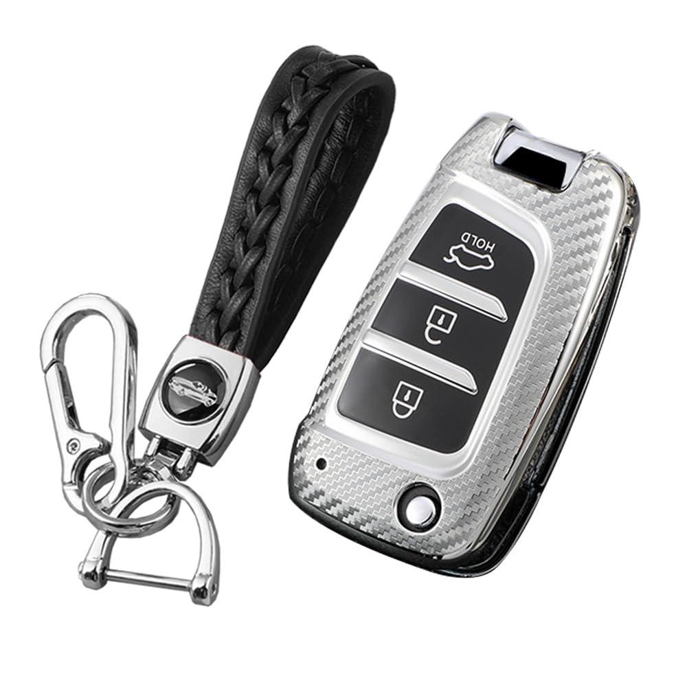 KUNIO Flip Key Fob Cover fit for Hyundai Kona i30 Tucson NX4 2019 2020 2021 2022 2018 2017 2016 Key Cover TPU Carbon Fibre key fob cover Key Case Key Cover 3 Buttons A Silver