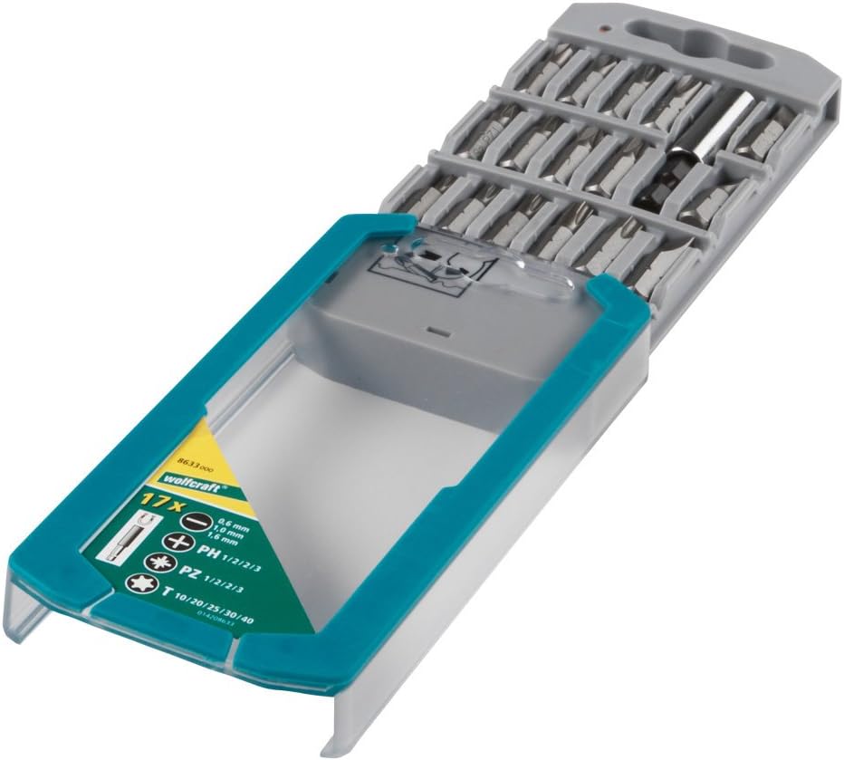 wolfcraft Bit Cassette Flat/Crosshead (PH/PZ) / TORX® (T), 17 Pcs. I 8633000 I 16 Solid bits in Various Sizes, incl. bit Holder