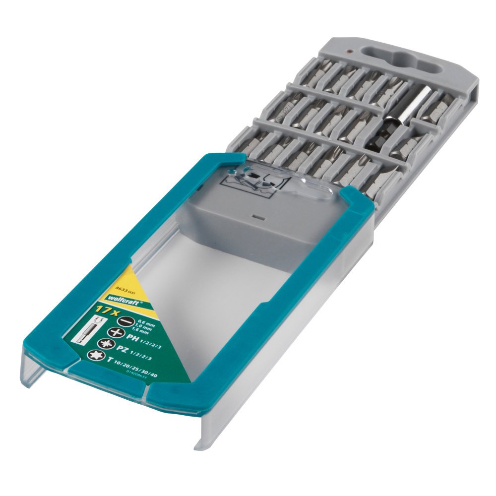 wolfcraft Bit Cassette Flat/Crosshead (PH/PZ) / TORX® (T), 17 Pcs. I 8633000 I 16 Solid bits in Various Sizes, incl. bit Holder