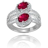 Ice Gems Sterling Silver Created Ruby and White Topaz Oval Halo Friendship Ring