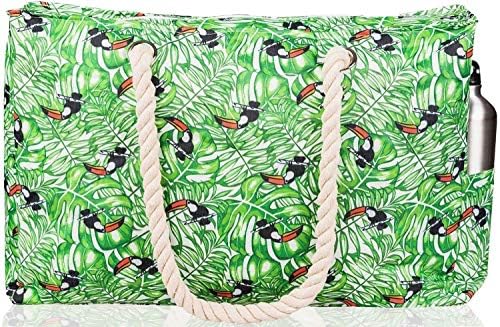 SHYLERO Beach Bag XL. Waterproof (IP64). L22 xH15 xW6 w Cotton Rope Handles, Top Zip, Two Outside Pockets. Vibrant Tote Has Waterproof Phone Case, Built-in Key Holder, Bottle Opener
