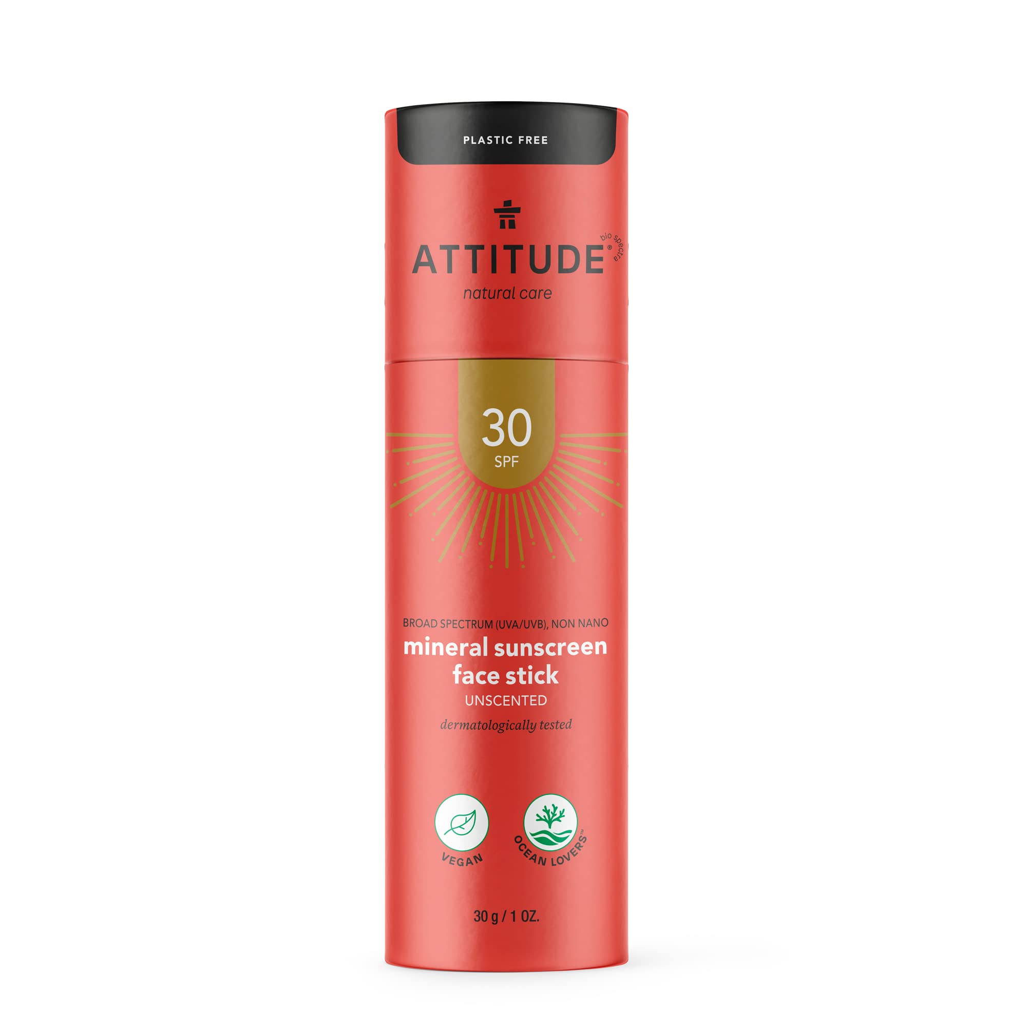 ATTITUDE Face Sunscreen Stick SPF 30, Broad Spectrum UVA and UVB, Plastic-Free Waterless, Plant and Mineral-Based Ingredients, Vegan Sun Care Products, 30 grams