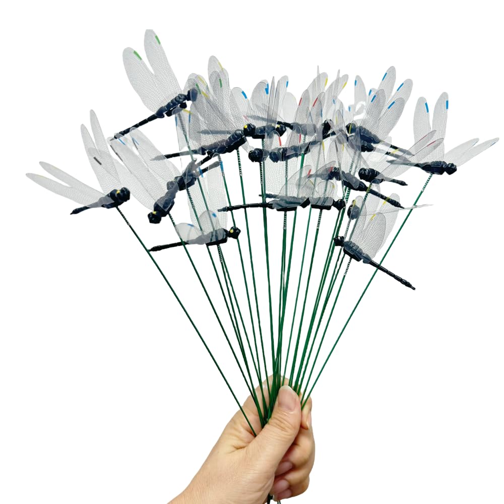 Garden Black Dragonfly Stakes with Sticks, 25 pcs 3D Removable Fake Dragonfly,10" Waterproof Shaking Head Dragonflies Ornaments Garden Decor for Outside,Plant Decoration and House Warmings
