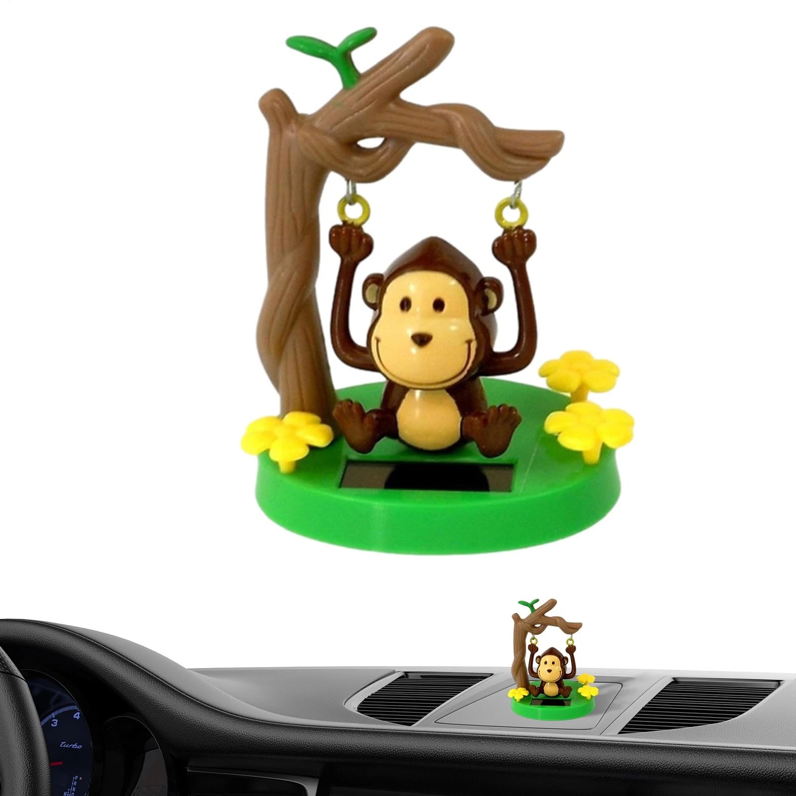 Photo 1 of 1Pc Green Solar Powered Dancing Animal Ornaments - Cute Solar Monkey Swinging Animated Bobble Dancer - Dashboard Interior Decoration Use Safety
