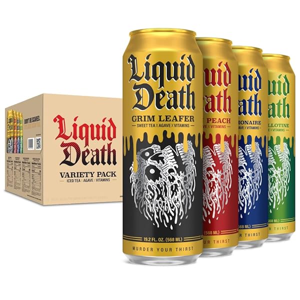 LIQUID DEATH ICED TEA VARIETY 12-PACK (19.2 OZ CANS) (GRIM LEAFER, REST IN PEACH, DEAD BILLIONAIRE, GREEN GUILLOTINE)