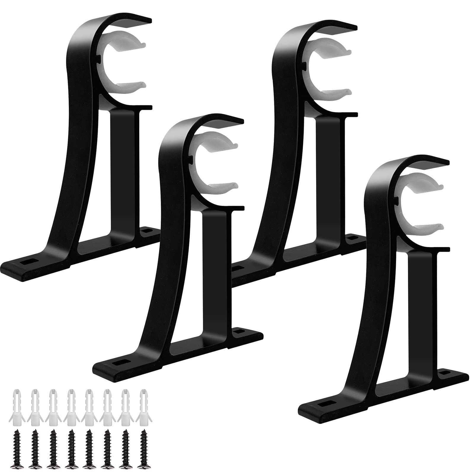 TOKPLNU 4 Pack Curtain Pole Brackets, Heavy Duty Black Curtain Rail Bracket, Aluminum Alloy, Curtain Rod Support Wall Brackets Holders with Plastic Buckle for 25mm to 30mm Poles