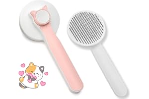 Generic Cute pet grooming brush for cats and dogs, ergonomic design, anti-breaking steel needles, telescopic handle, click-and-clean system, comfortable and efficient grooming (Pink)
