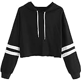 SweatyRocks Women's Letter Print Color Block Long Sleeve Crop Top Hoodies Pullover Sweatshirt